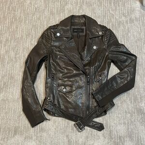 BCBG MAXAZRIA XS  brown leather moto jacket belted waist zippered pockets